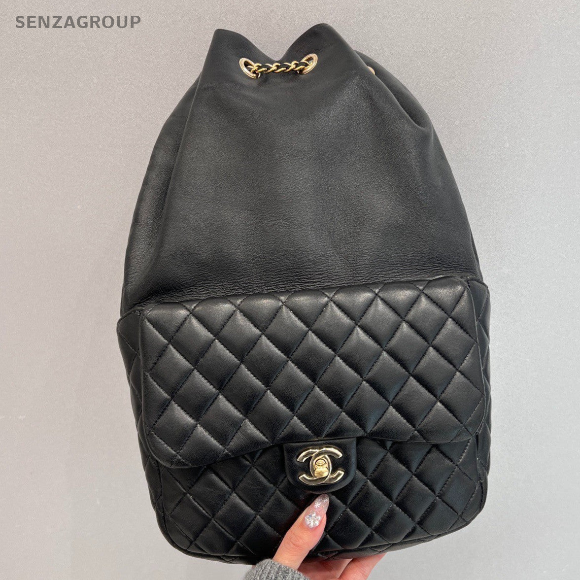 Chanel Diamond Lambskin Chain Backpack Black Gold Women Classic Fashion