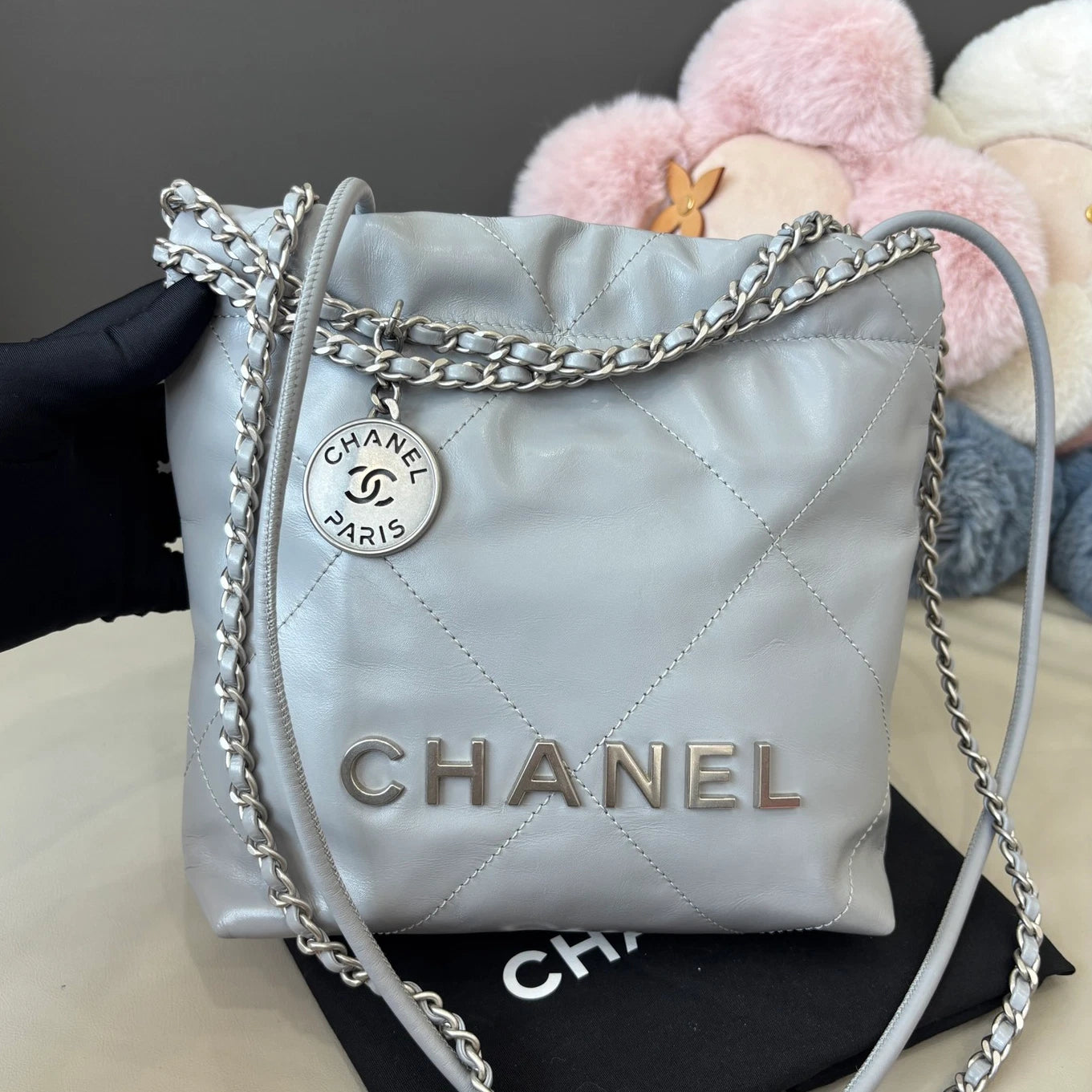 Chanel 22Bag Mini Calfskin Chain Shoulder Crossbody Gray Silver Women Classic