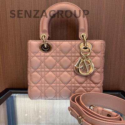 Dior Lady Dior Cannage Bag Pink Gold Hardware Tote Shoulder Bag