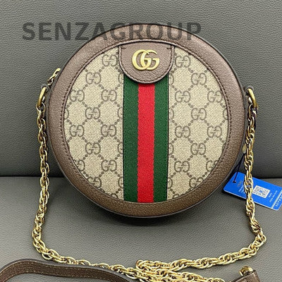 Gucci Ophidia GG Round Chain Shoulder Crossbody Bag Beige Brown Gold