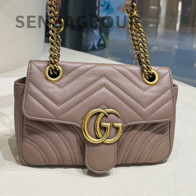 Gucci GG Marmont Mini Chain Shoulder Bag Beige Gold Hardware 22x13x6