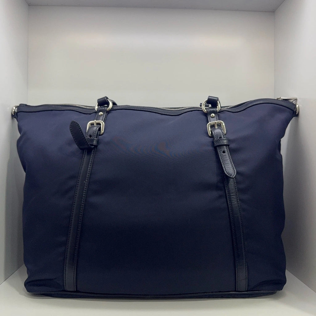 PRADA Navy Nylon Leather Tote Handbag Shoulder Bag For Women