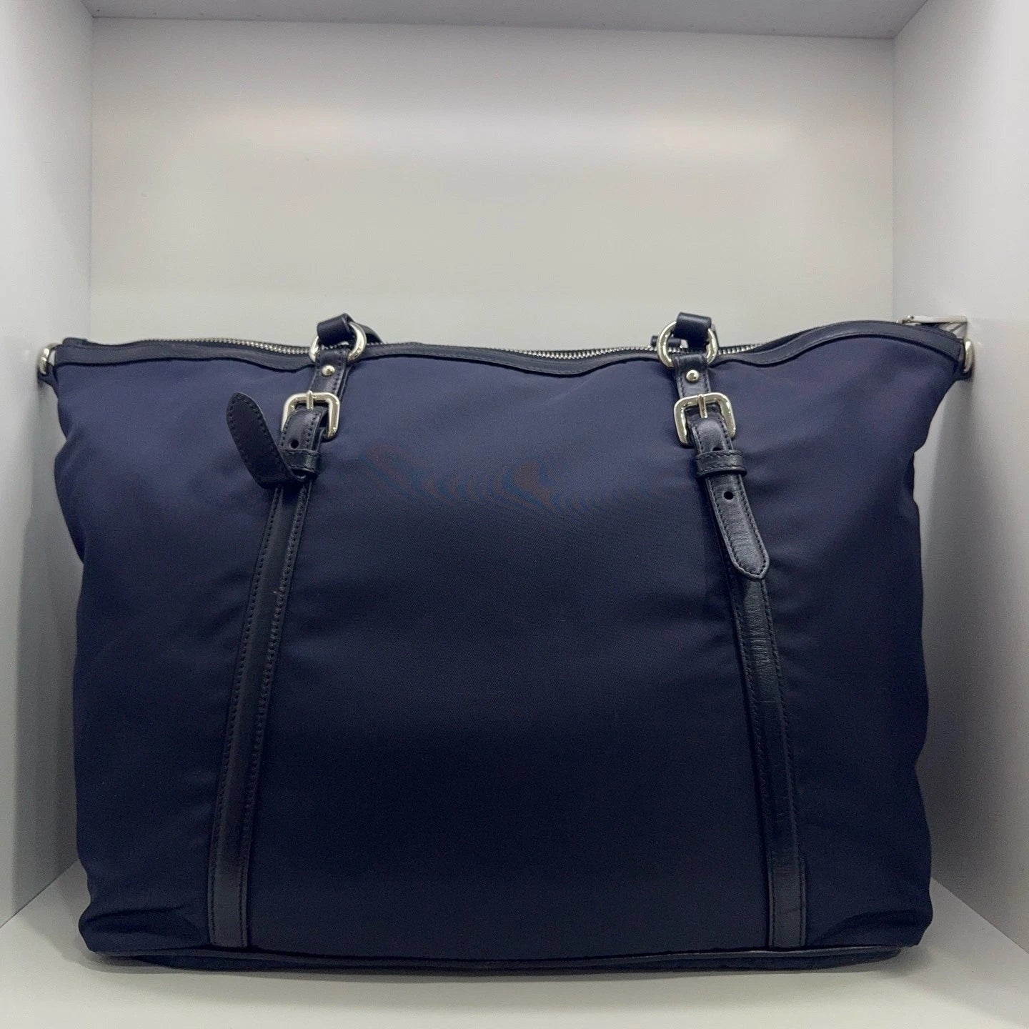 PRADA Navy Nylon Leather Tote Handbag Shoulder Bag For Women