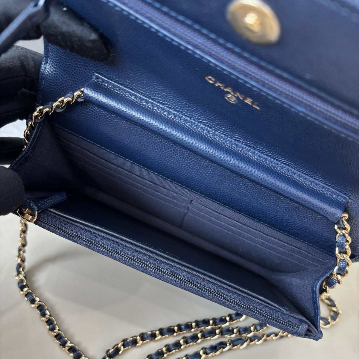 Chanel WOC Calfskin Chain Shoulder Bag Crossbody Blue Silver Women Classic
