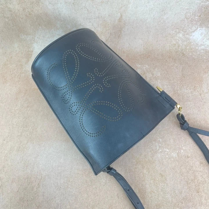 Loewe Black Leather Cutout Gate Bucket Crossbody Bag For Women