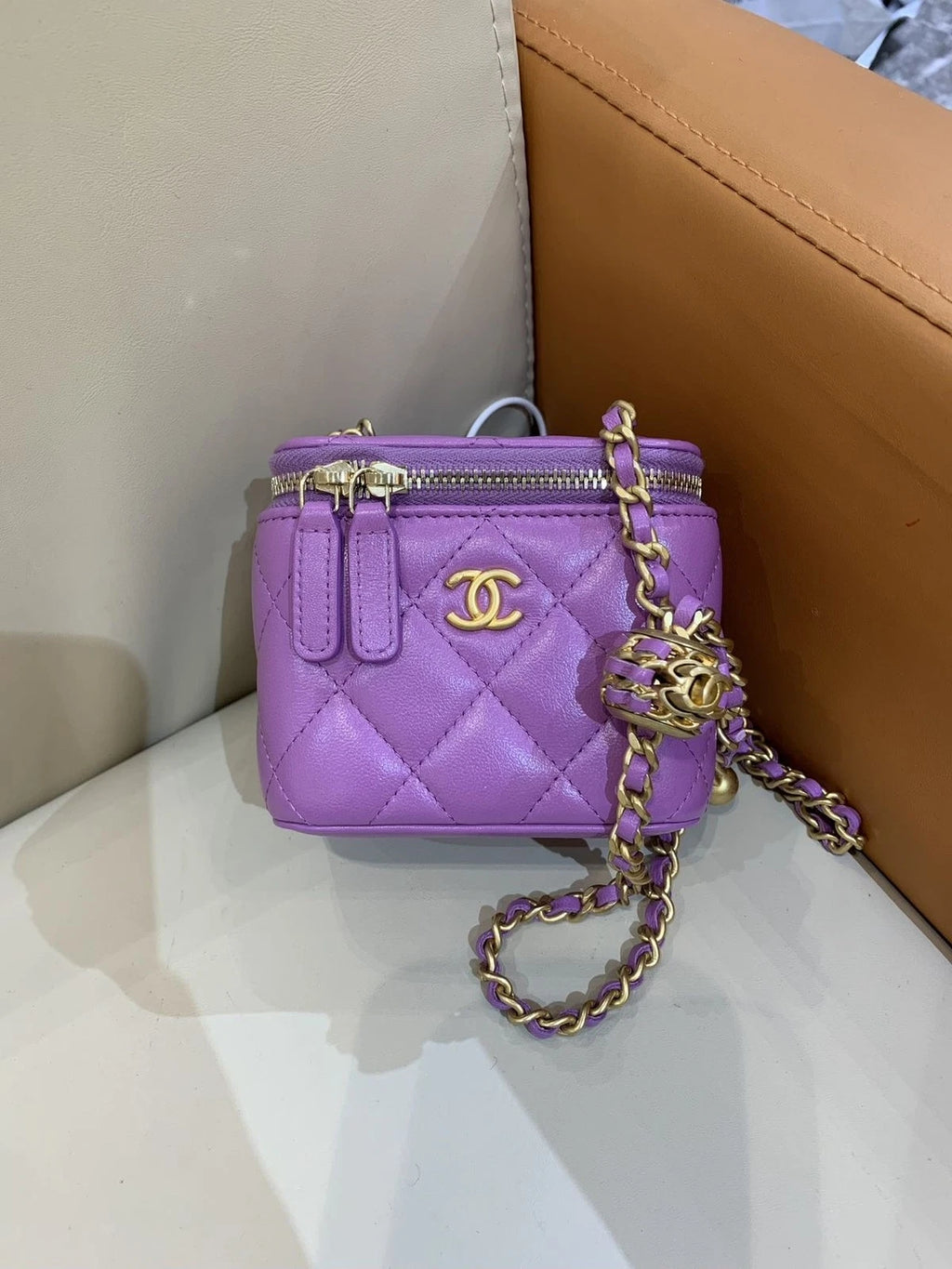 CHANEL Purple Lambskin Gold Ball Box Bag For Women