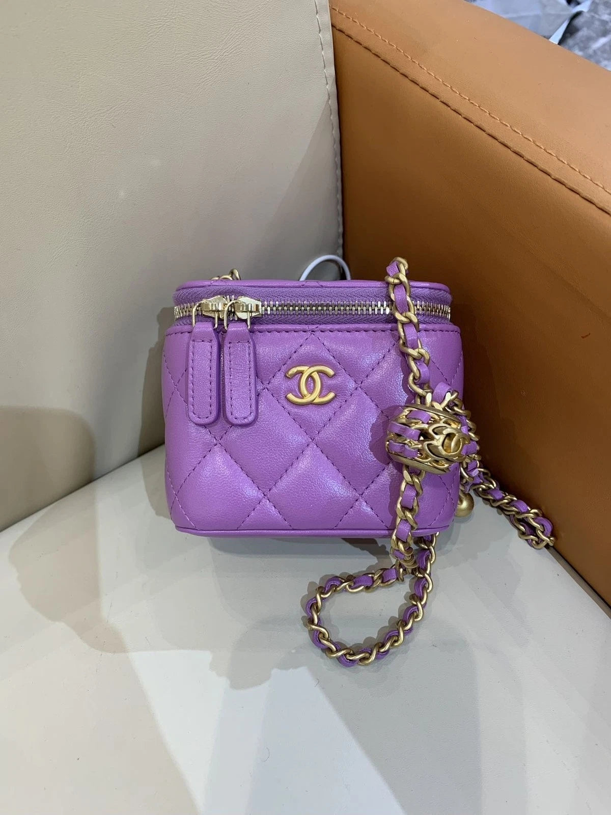 CHANEL Purple Lambskin Gold Ball Box Bag For Women