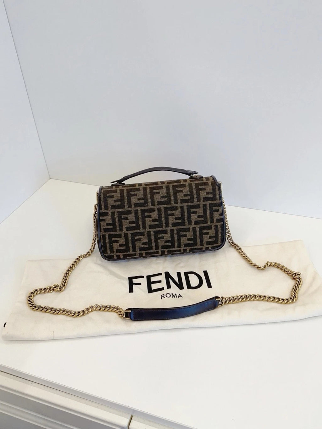 Fendi Baguette Medium FF Logo Chain Shoulder Crossbody Bag Brown