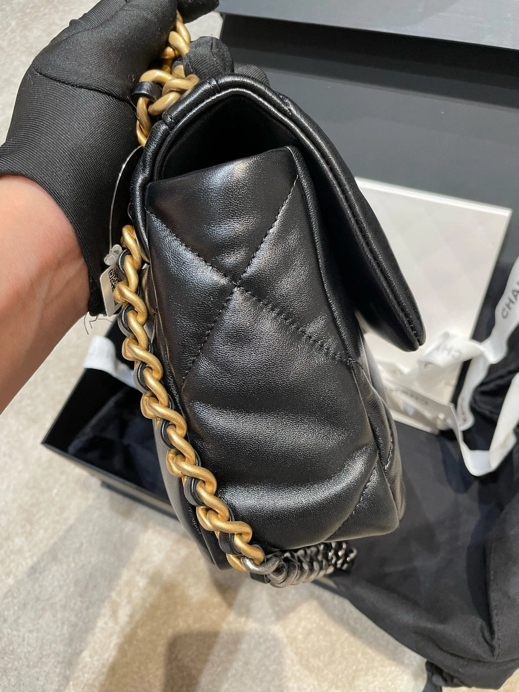 CHANEL 19 Black Gold Small Lambskin Shoulder Bag For Women