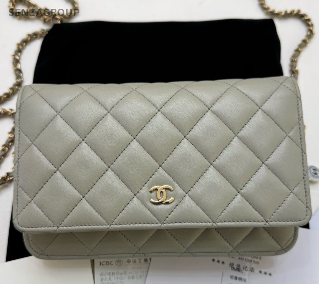 Chanel WOC Chain Lambskin Shoulder Bag Crossbody Gray Gold Used Women Classic