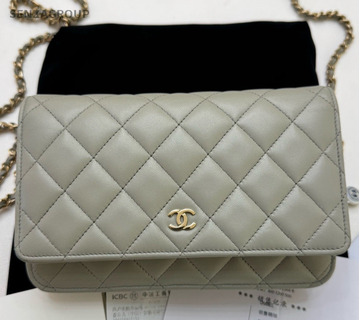 Chanel WOC Chain Lambskin Shoulder Bag Crossbody Gray Gold Used Women Classic