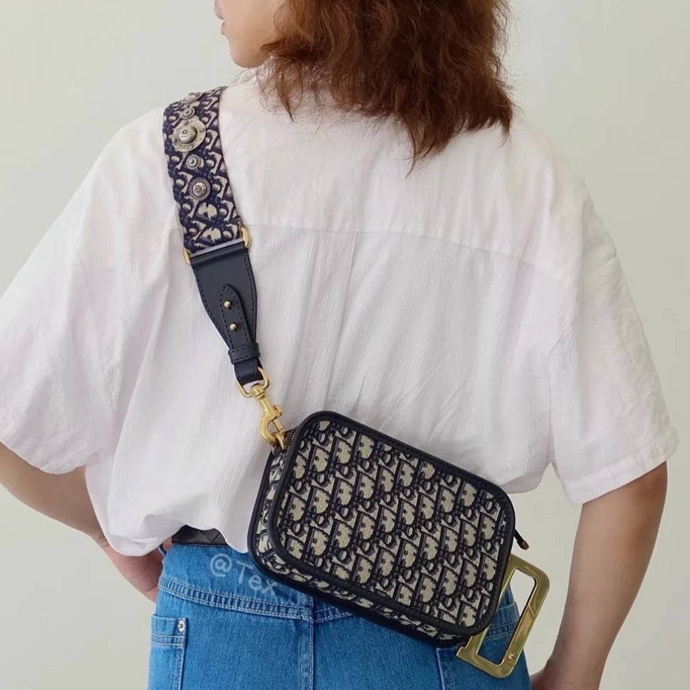 Christian Dior Monogram Blue Shoulder Crossbody Bag Gold Hardware Women