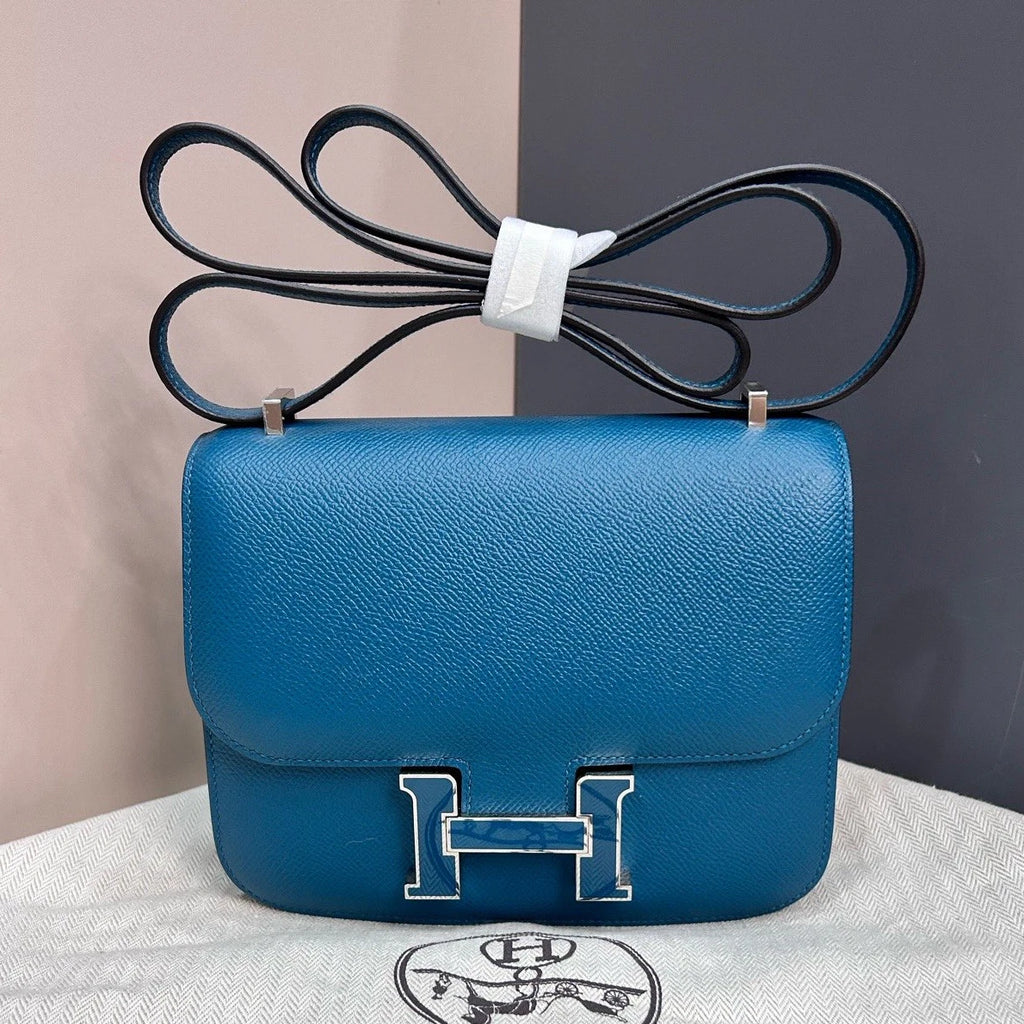 Excellent Hermes Constance19 Epsom Leather Blue Silver Shoulder Bag Crossbody