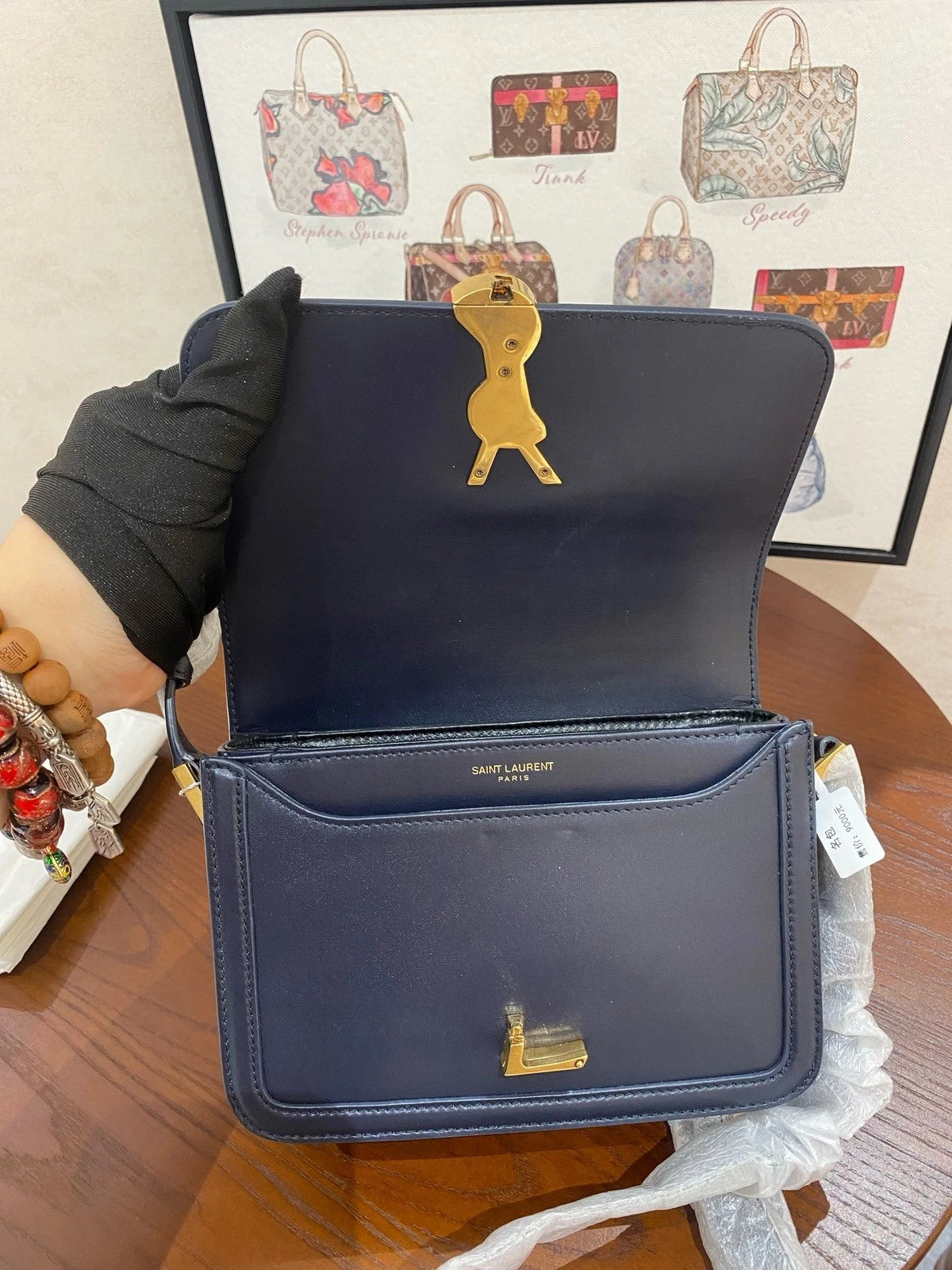 YSL Navy Blue Leather Gold Logo Shoulder Crossbody Bag For Women
