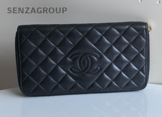 CHANEL CC Logo Long Wallet Diamond Pattern Black Silver