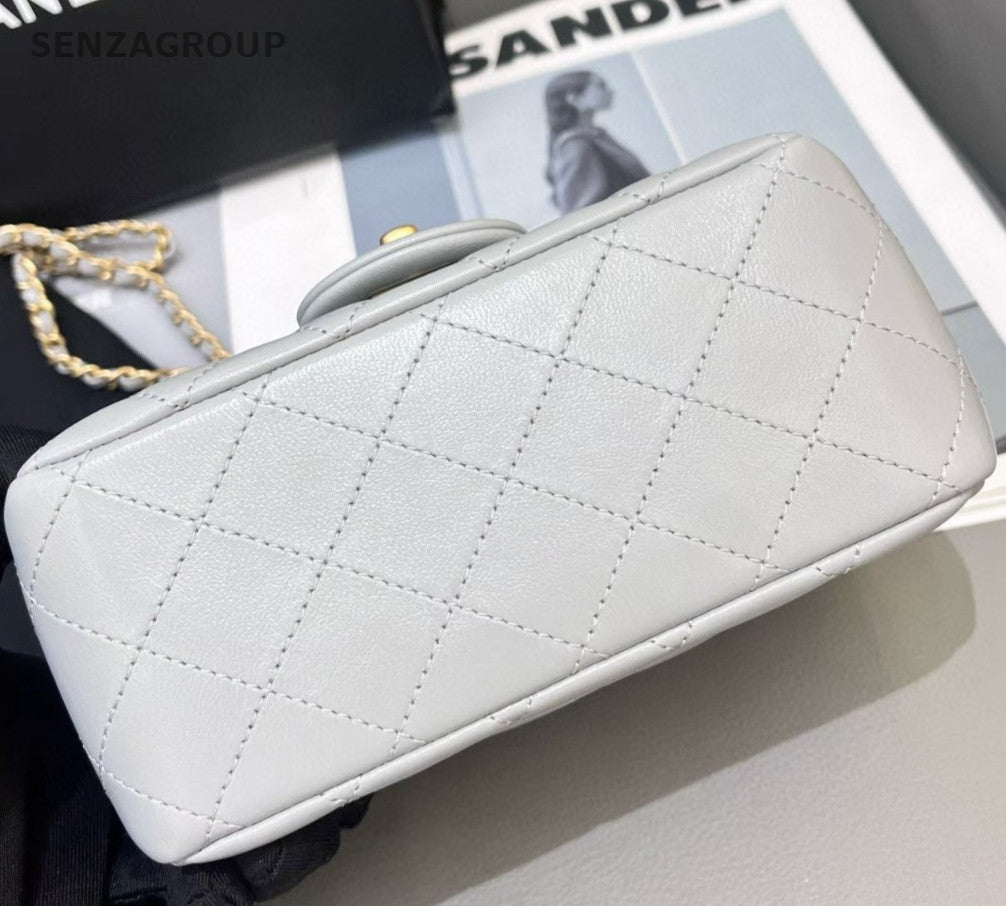 Chanel 24K Chain Shoulder Bag Crossbody Gray Gold Women Diamond