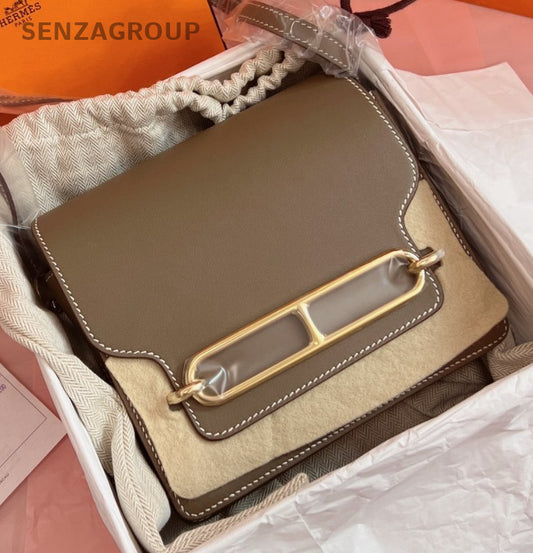 Hermes Roulis Mini Shoulder Bag Crossbody Gray Gold Women Classic Designer