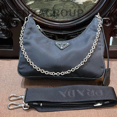 Prada Black Silver Hobo Chain Shoulder Crossbody Bag Women Classic