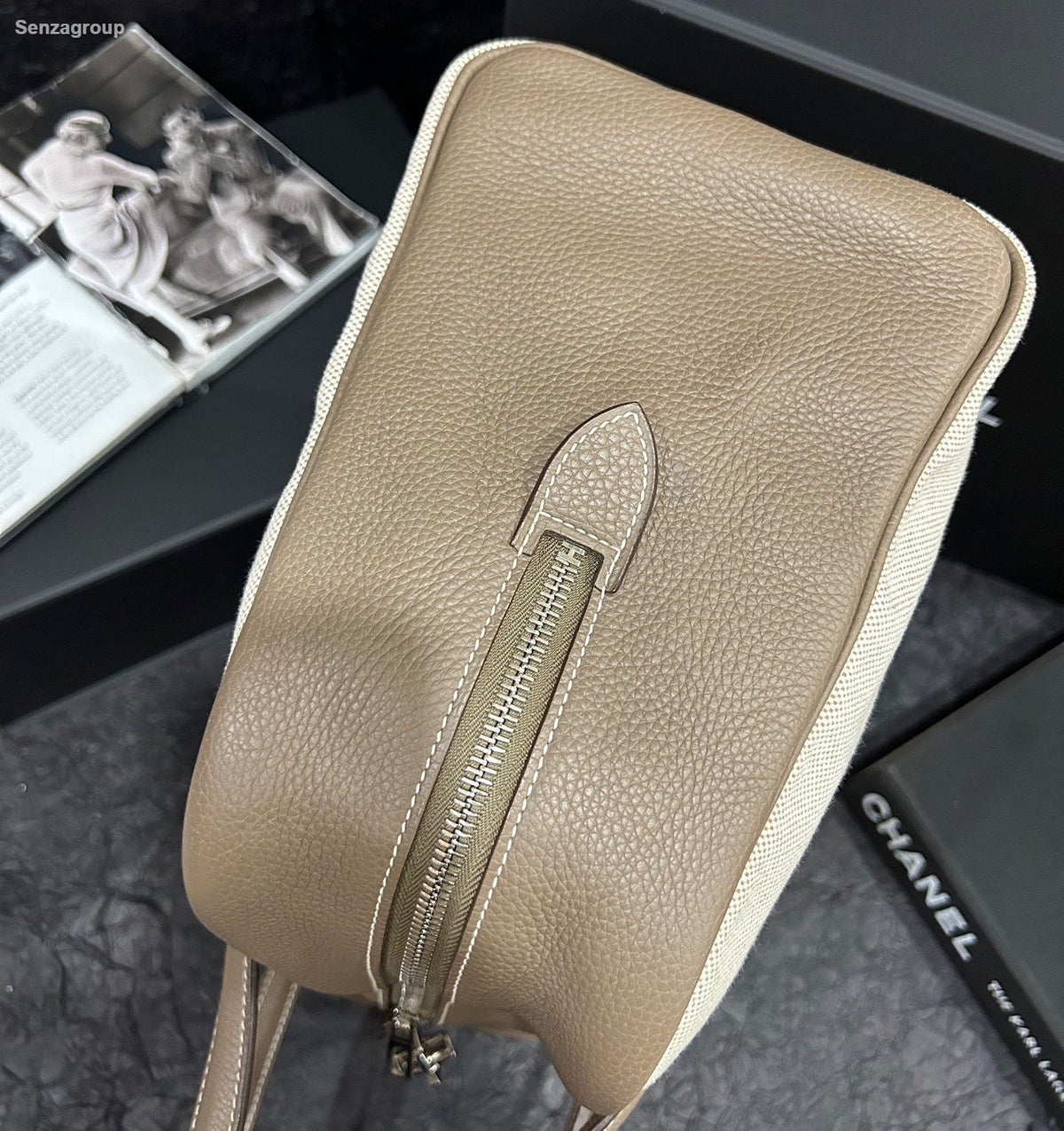 Hermes Victoria35 Top Handle Bag Canvas Beige Brown Silver Used Women Classic
