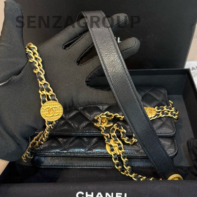 Chanel WOC Quilted Black Gold Chain Shoulder Crossbody Bag Classic Women