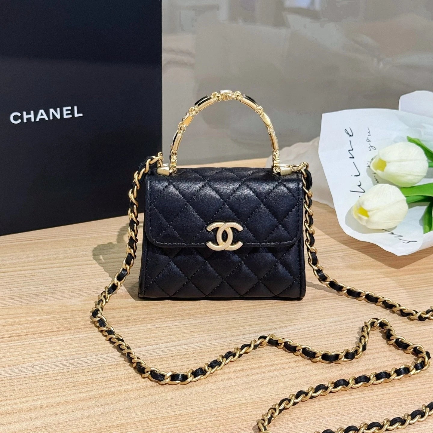 CHANEL Leather Black Gold Kelly Mini Top Handle Bag For Women