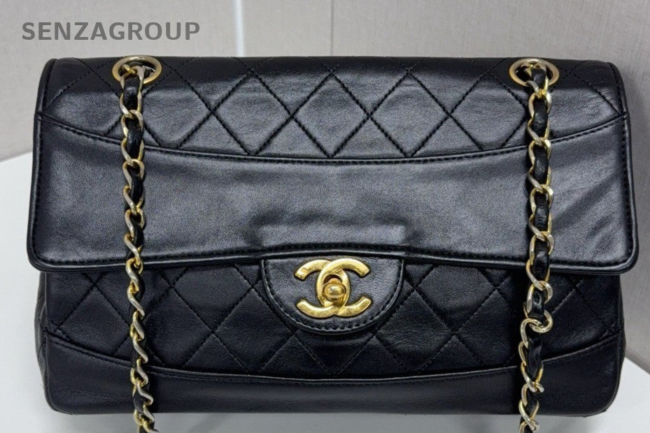 Chanel Vintage PM Classic Flap Mini Chain Shoulder Crossbody Bag Black Gold