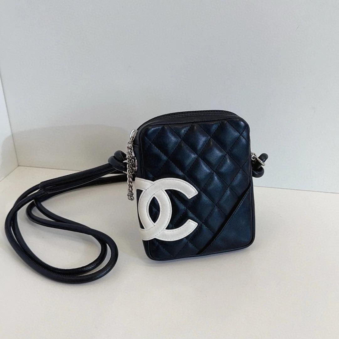 Chanel Mini Camera Case Bag Black White Panda Caviar Leather Quilted CC Logo