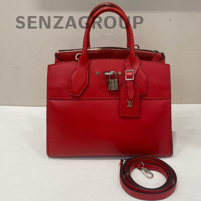 Louis Vuitton City Steamer Red Silver Leather Tote Shoulder Bag Women