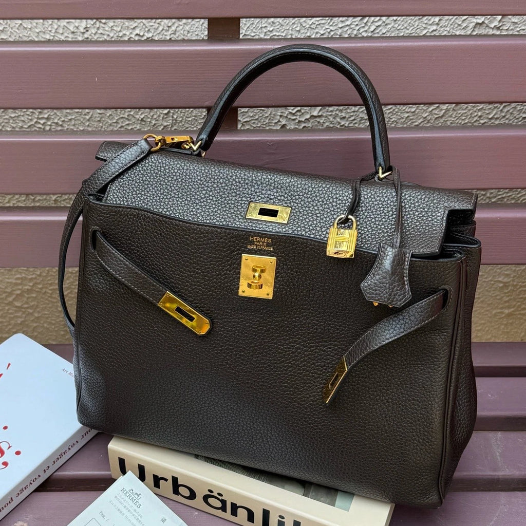 Hermes Kelly35 Top Handle Shoulder Bag Black Gold Unisex Adults Classic
