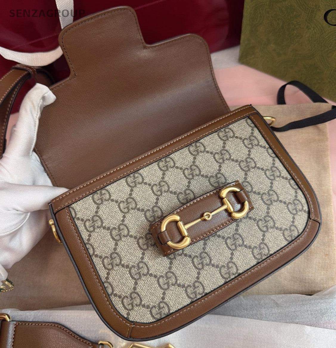 Gucci Horsebit1955 PM 2Straps Shoulder Bag Crossbody Brown Gold Women Classic