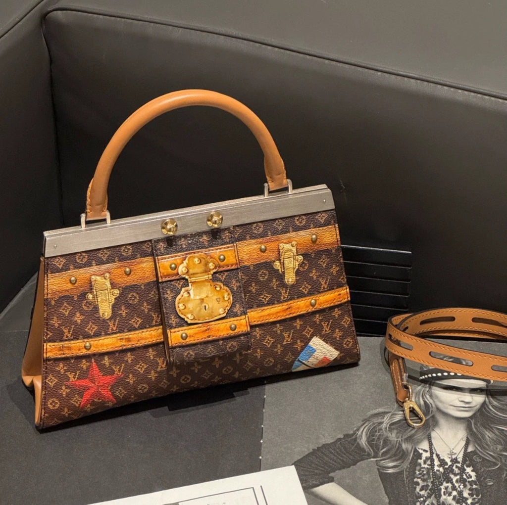 Louis Vuitton City Frame Monogram Top Handle Bag Crossbody Brown Gold Women