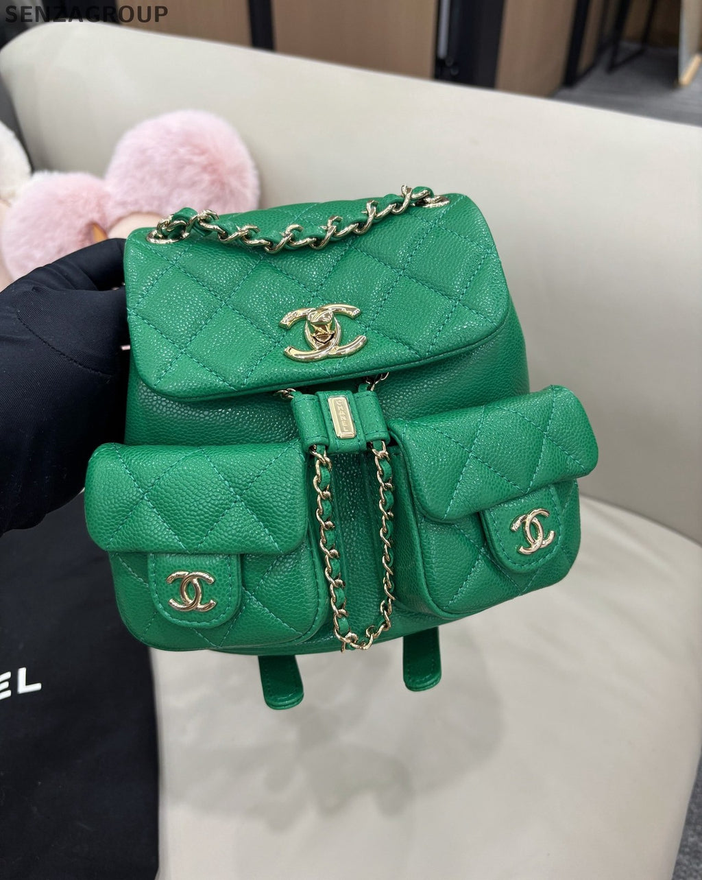 Chanel Duma PM Calfskin Chain Backpack Green Gold Diamond Women Classic