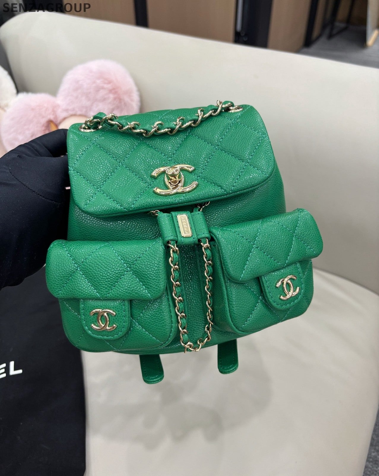 Chanel Duma PM Calfskin Chain Backpack Green Gold Diamond Women Classic