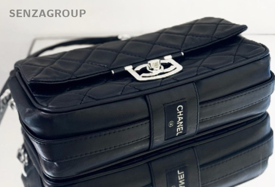 Chanel CF Edinburgh Lambskin Shoulder Bag Black Silver Women