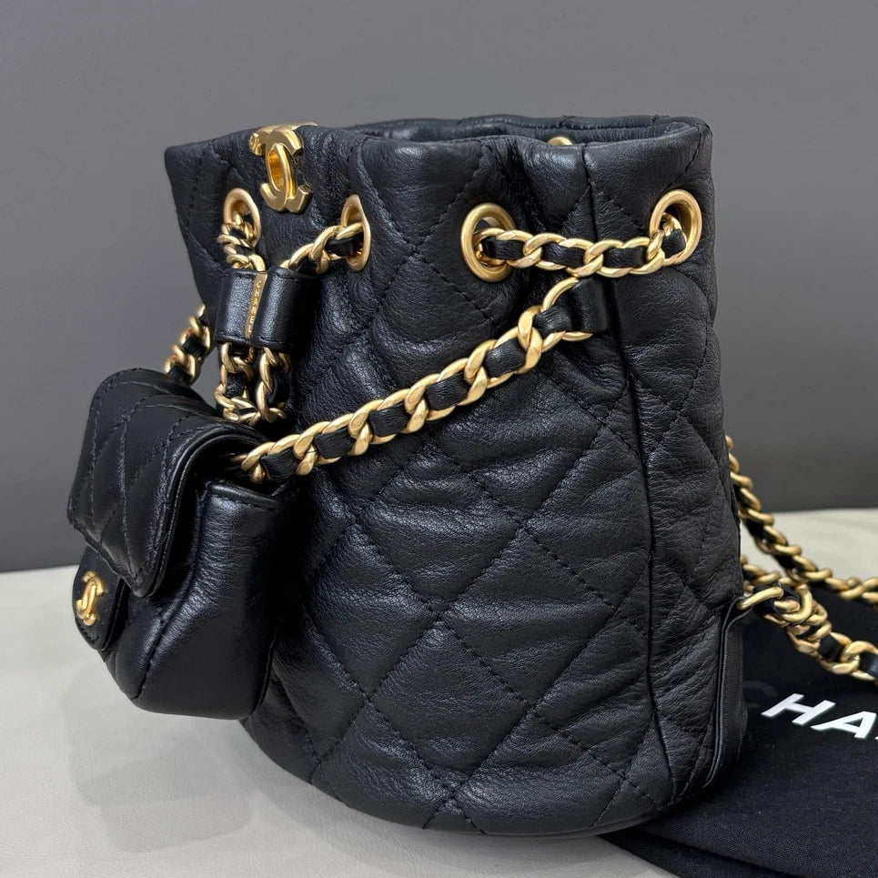 Chanel Diamond Calfskin Chain Backpack Black Gold Women Classic