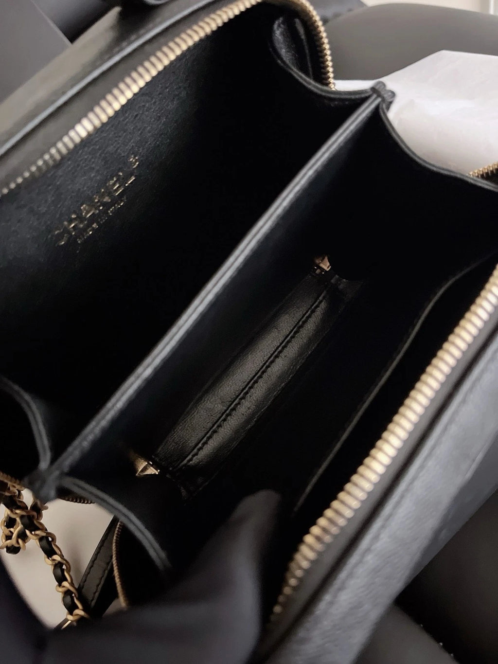 Chanel Camera Case PM Calfskin Chain Crossbody Black Gold Diamond Women Classic