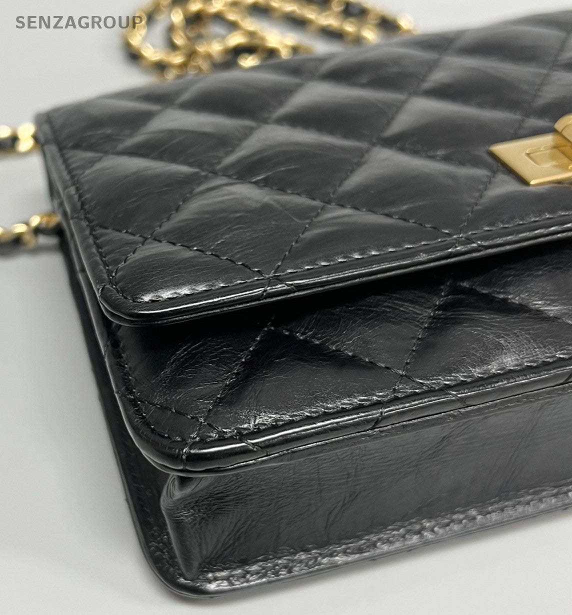 Chanel 2.55 WOC Chain Shoulder Bag Crossbody Black Gold Diamond Women Classic