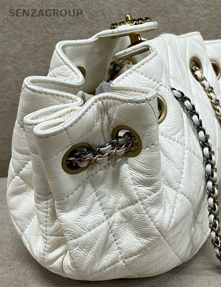 Chanel Lambskin Bucket Chain Shoulder Bag White Gold Women Classic