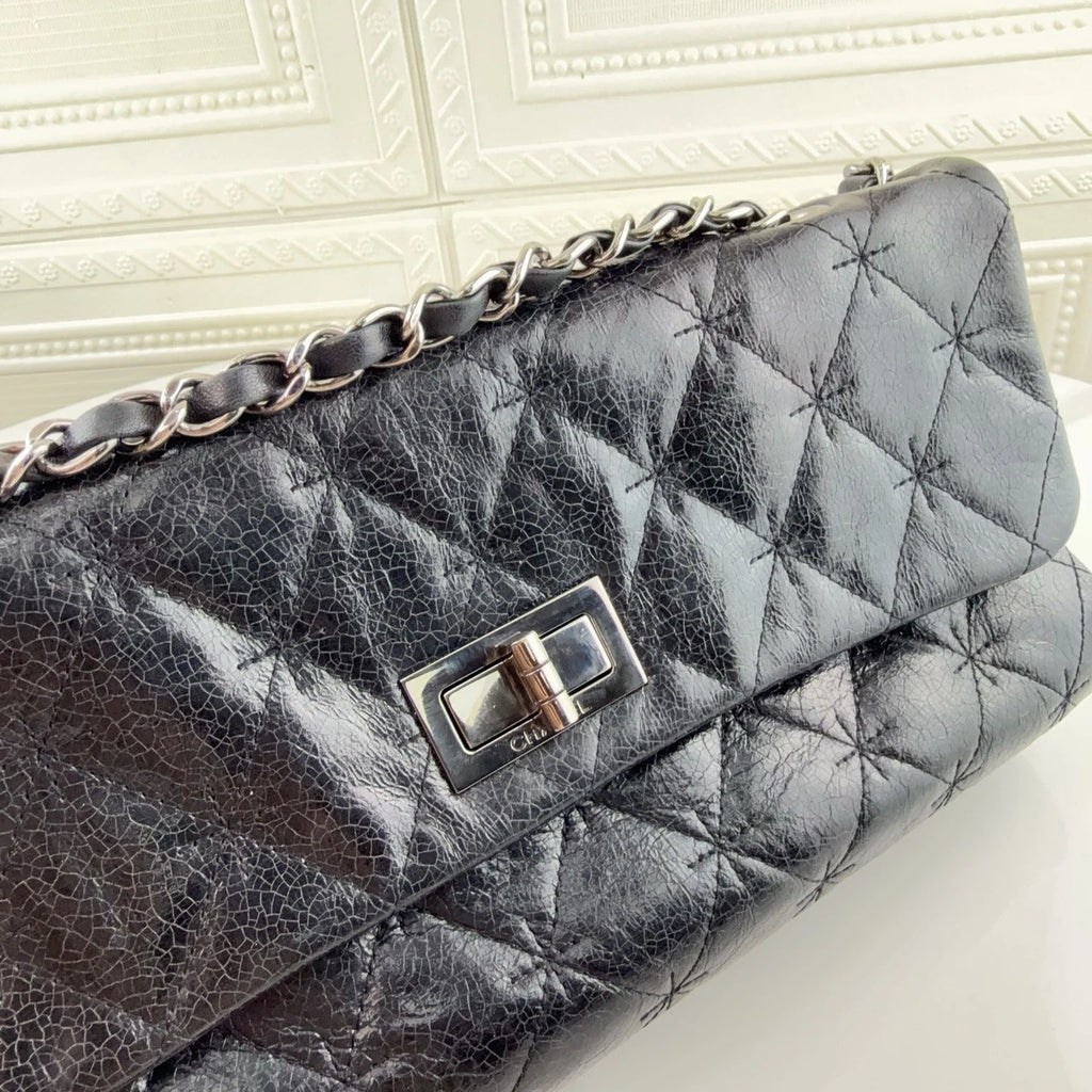 CHANEL 2.55 Baguette Shoulder Bag Black Silver Hardware For Women