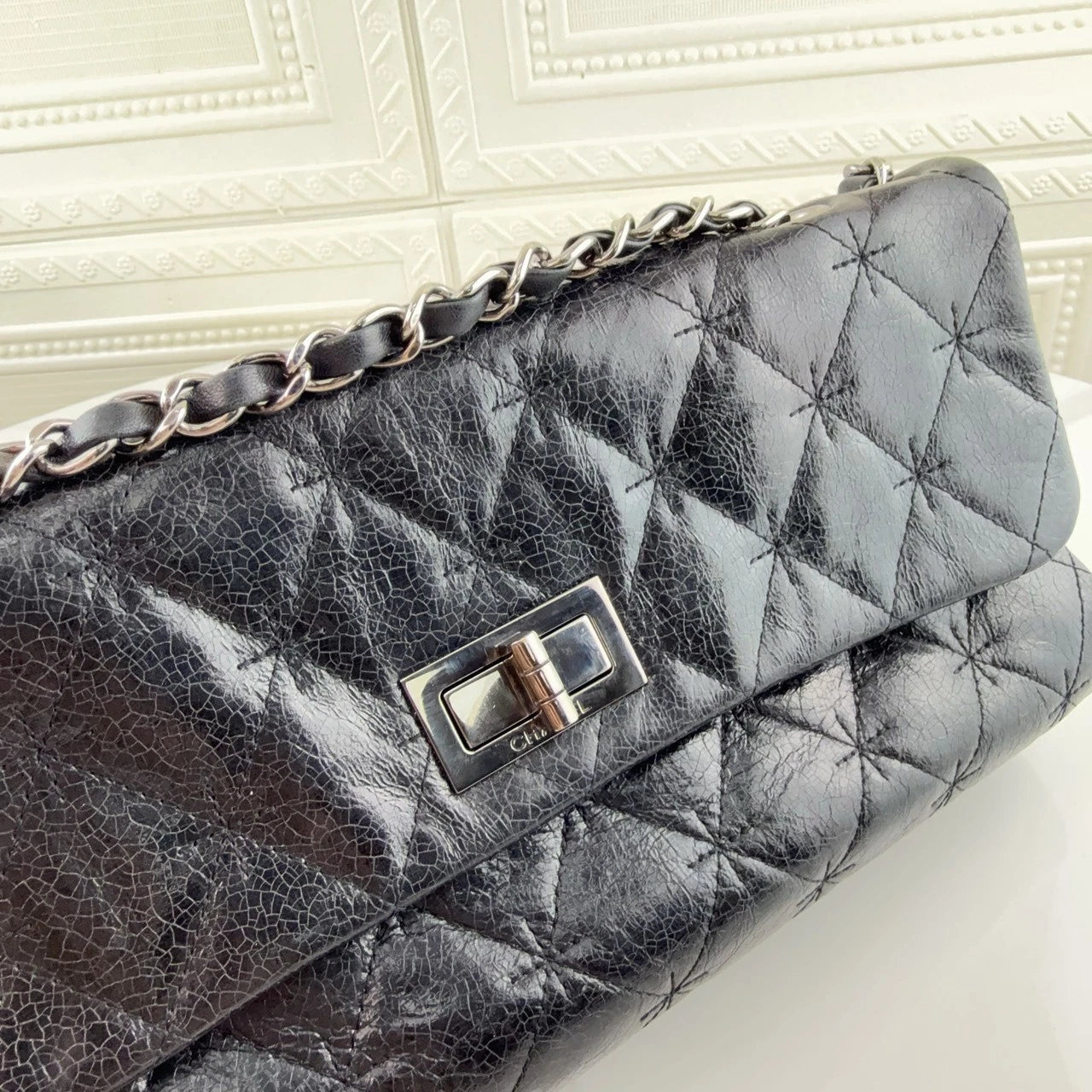 CHANEL 2.55 Baguette Shoulder Bag Black Silver Hardware For Women