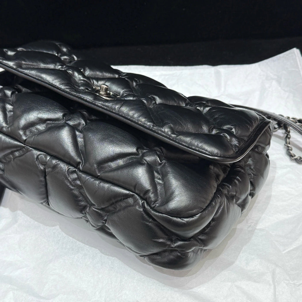 Chanel Classic Flap Jumbo Calfskin Chain Shoulder Bag Black Silver Women Diamond