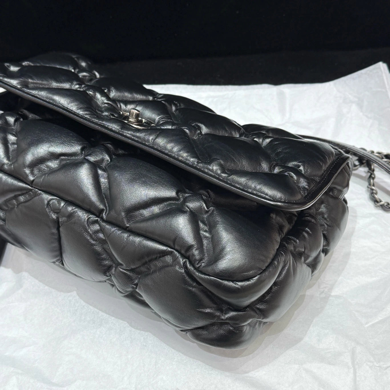 Chanel Classic Flap Jumbo Calfskin Chain Shoulder Bag Black Silver Women Diamond