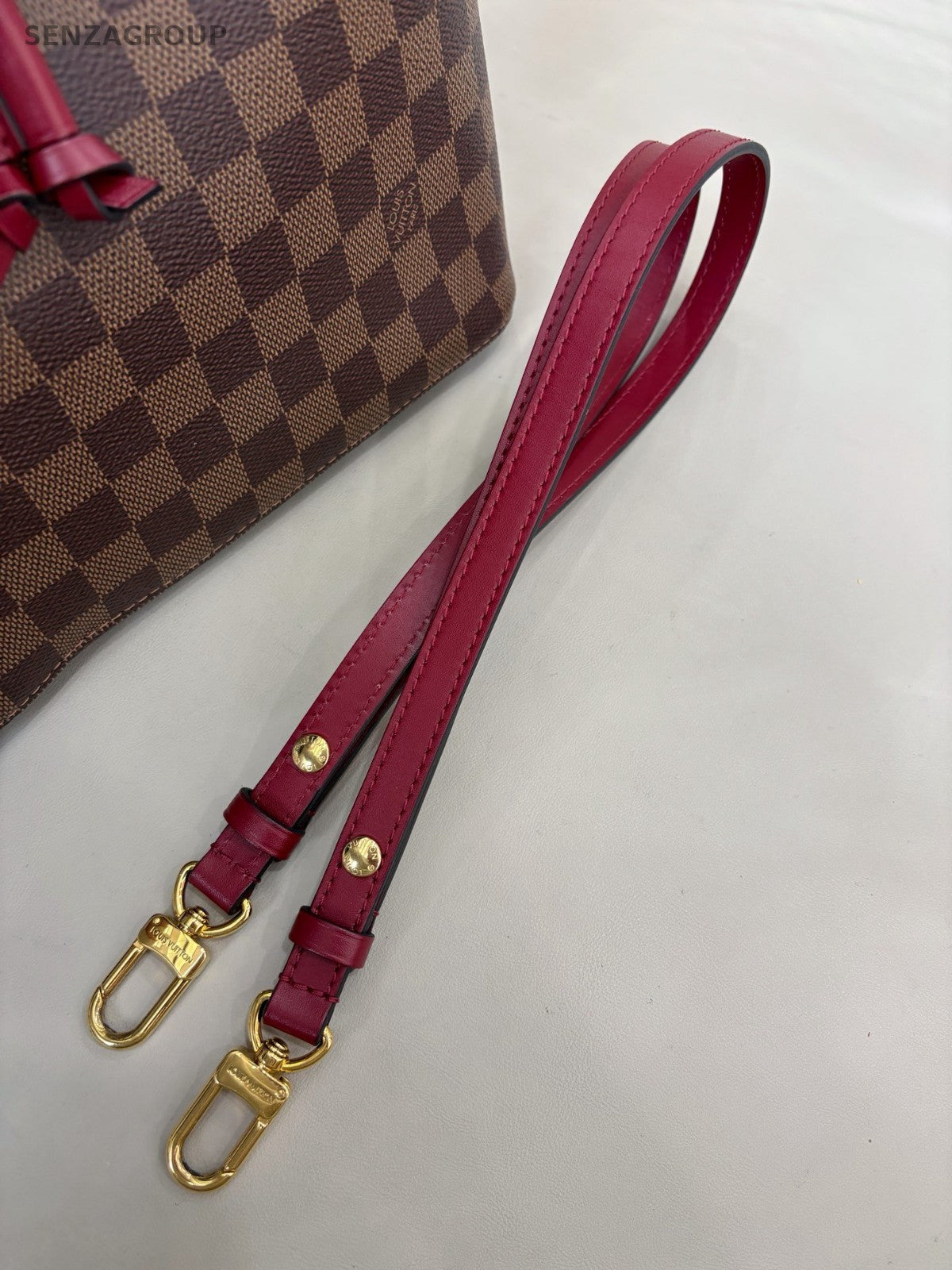 Louis Vuitton Damier Bucket MM Shoulder Bag Brown Red Gold Women Classic