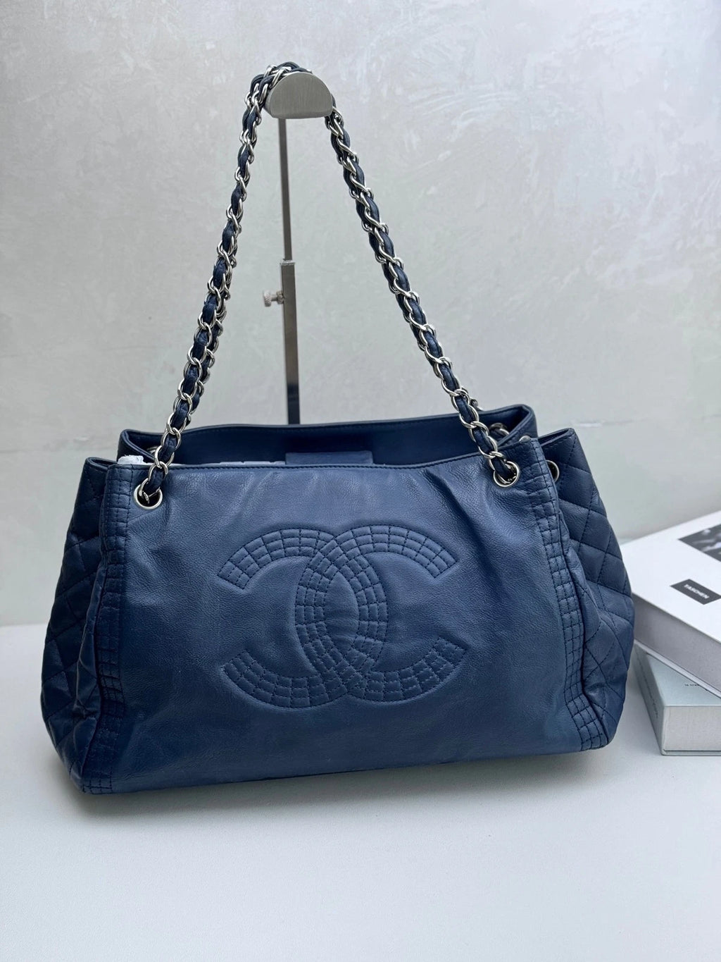Authentic Chanel CC Logo Silver Chain Blue Tote Shoulder Bag