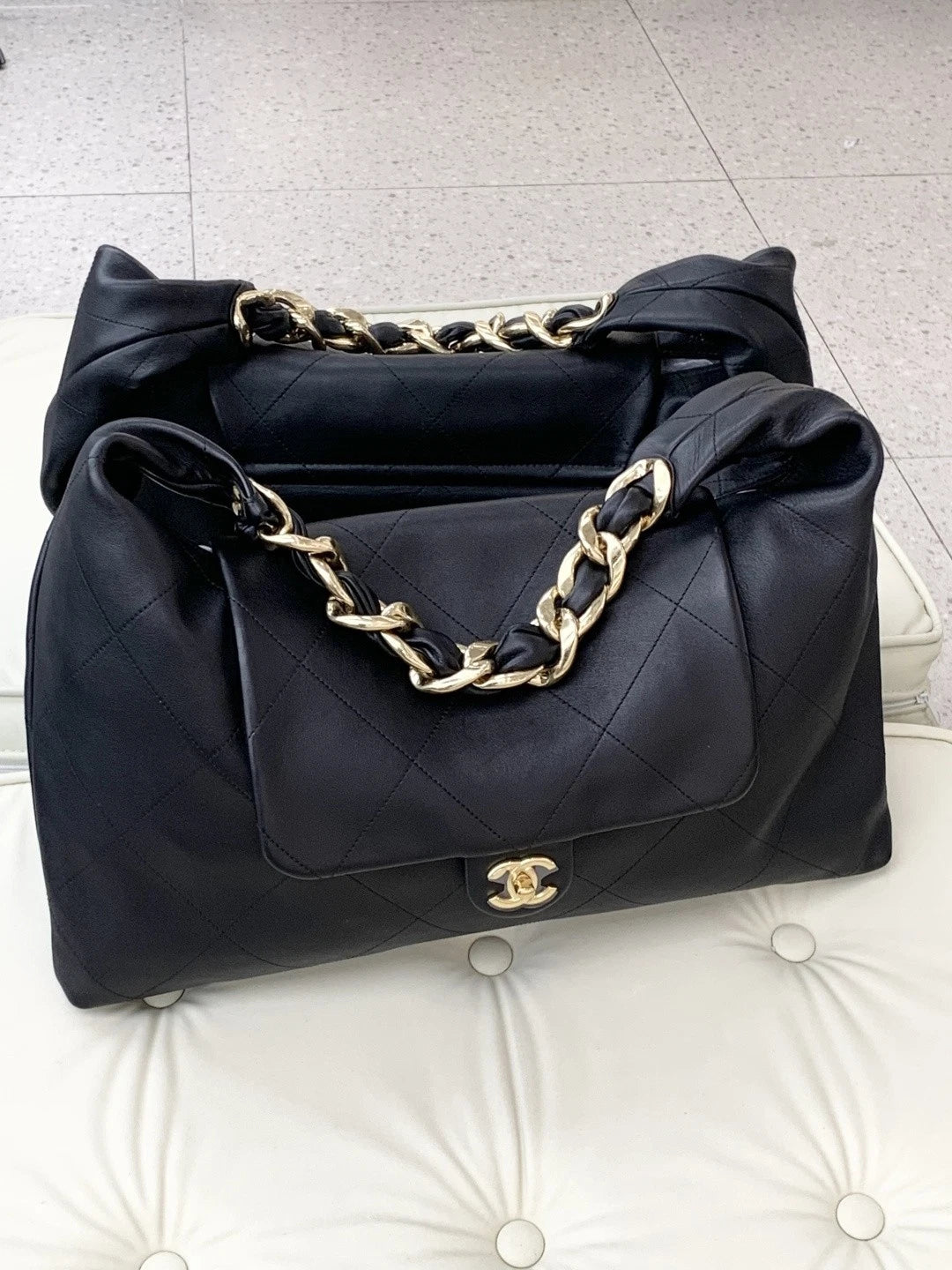 Chanel Hobo GM Chain Calfskin Shoulder Bag Black Gold Hardware Women S
