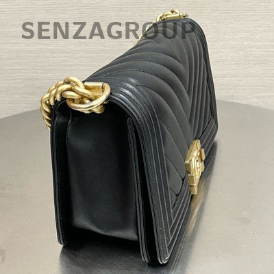Chanel Le Boy Black Calfskin V-Stitch Medium Chain Shoulder Bag Classic