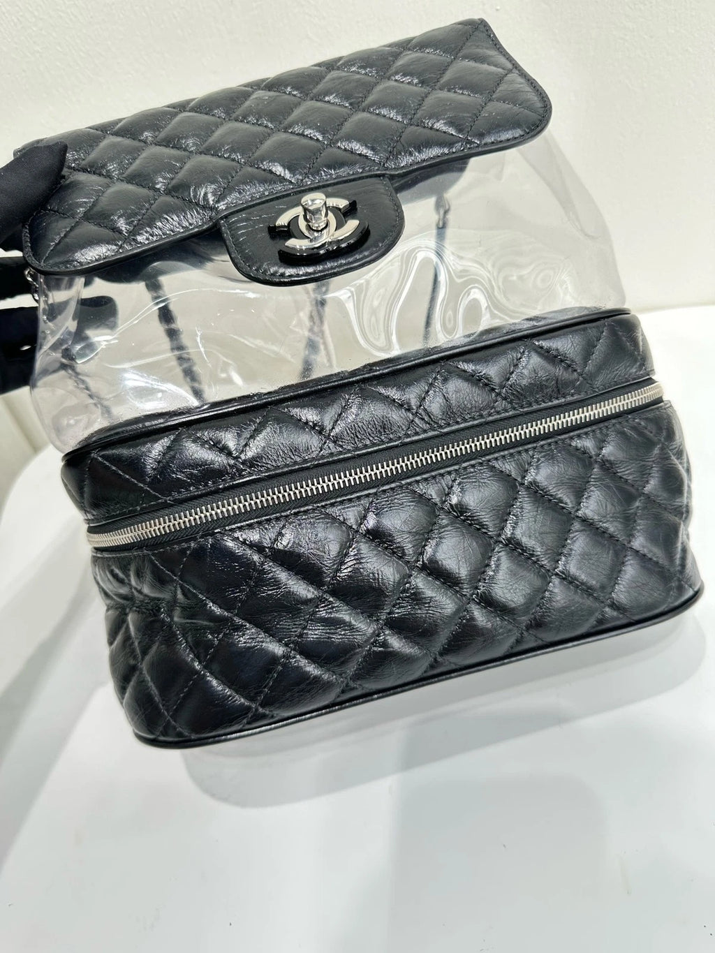 Authentic CHANEL Black Silver PVC Transparent Jelly Shoulder Bag For Women