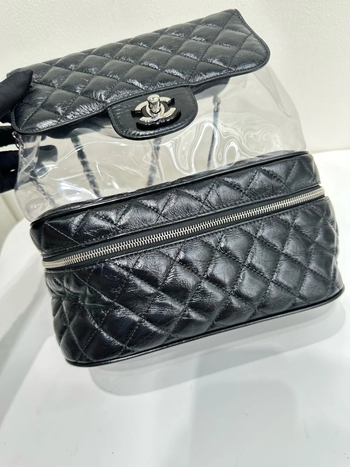 Authentic CHANEL Black Silver PVC Transparent Jelly Shoulder Bag For Women