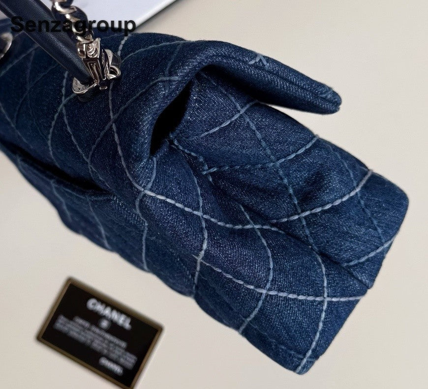 Chanel Coco Handle Denim Chain Top Handle Crossbody Blue Silver Women Diamond
