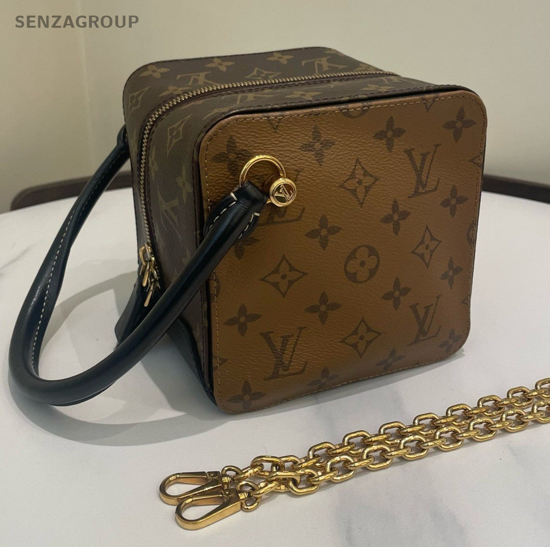 Louis Vuitton Monogram Chain Top Handle Shoulder Bag Brown Black Women Classic